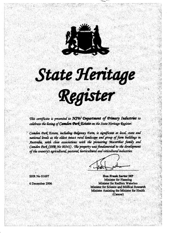 Camden Park Estate Heritage Certificate